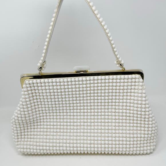 Vintage La Regale White Plastic Pearl Beaded Handbag Purse 60s Regency MCM - Picture 4 of 14